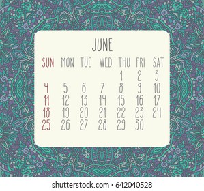 June 2017 vector calendar over blue lacy doodle hand drawn background, week starting from Sunday.