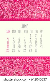 June 2017 vector calendar over pink lacy doodle hand drawn background, week starting from Sunday.