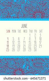 June 2017 vector calendar over lacy doodle blue and red hand drawn background, week starting from Sunday.