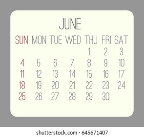 June 2017 vector calendar. Week starting from Sunday. Beige rounded rectangle over gray background.
