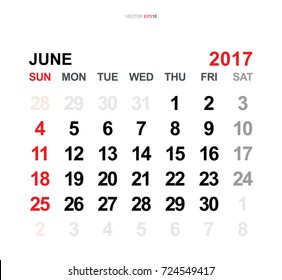 June 2017. Vector monthly calendar template 2017 year in simple style for template design. Week starts from Sunday.