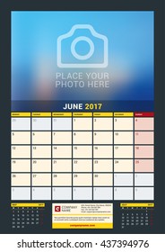 June 2017. Wall Calendar for 2017 Year. Vector Design Print Template with Place for Photo. Dark Background. Week Starts Monday. 3 Months on Page. Planner Template. Stationery Design