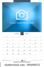 June 2017. Wall Monthly Calendar for 2017 Year. Vector Design Print Template with Place for Photo. Week Starts Monday. Portrait Orientation