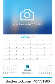 June 2017. Wall Monthly Calendar for 2017 Year. Vector Design Print Template with Place for Photo. Week Starts Monday. 3 Months on Page