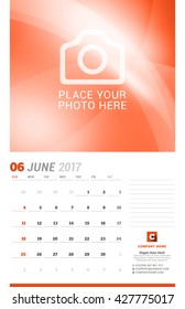 June 2017. Wall Monthly Calendar for 2017 Year. Vector Design Print Template with Place for Photo. Week Starts Sunday. Planner Template. Stationery Design