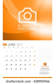 June 2017. Wall Monthly Calendar for 2017 Year. Vector Design Print Template with Place for Photo. Week Starts Monday. Planner Template. Stationery Design