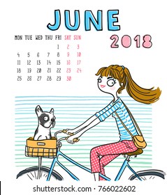 June. 2018 calendar. Cute girl with dog. Can be used like greeting cards.