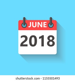 June 2018 calendar flat style icon with  shadow.
