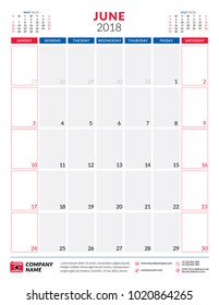 June 2018. Calendar planner design template. Portrait orientation. Week starts on Sunday. Stationery design