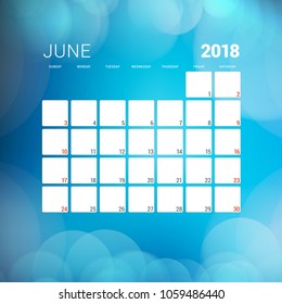 June 2018. Calendar planner design template with abstract background. Week starts on Sunday