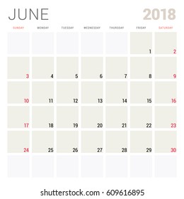 June 2018. Calendar planner design template. Week starts on Sunday. Stationery design