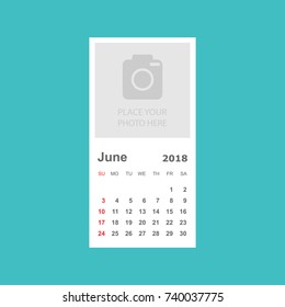 June 2018 calendar. Calendar planner design template with place for photo. Week starts on sunday. Business vector illustration.