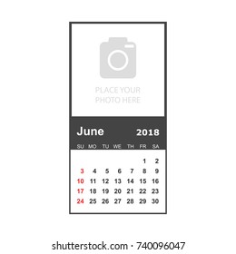 June 2018 calendar. Calendar planner design template with place for photo. Week starts on sunday. Business vector illustration.