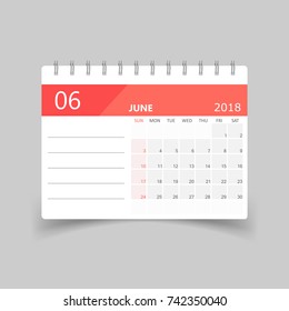 June 2018 calendar. Calendar planner design template. Week starts on Sunday. Business vector illustration.