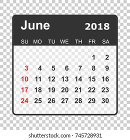 June 2018 calendar. Calendar planner design template. Week starts on Sunday. Business vector illustration.