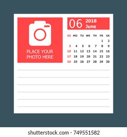 June 2018 calendar. Calendar planner design template. Week starts on Sunday. Business vector illustration.