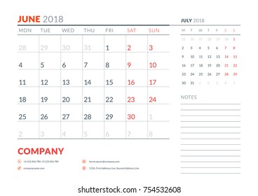 June 2018. Calendar planner design template. Week starts on Monday. Stationery design