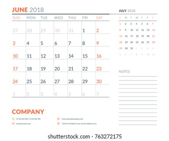June 2018. Calendar planner design template. Week starts on Sunday. Stationery design