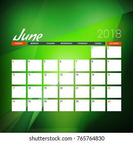 June 2018. Calendar planner design template with abstract green background. Week starts on Sunday