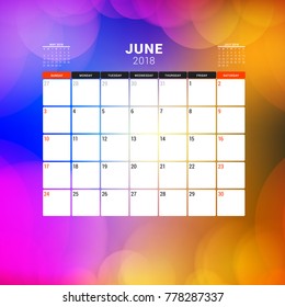 June 2018. Calendar planner design template with abstract background. Week starts on Sunday