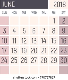 June 2018 Calendar planner design template. Lokanichny style. Vector