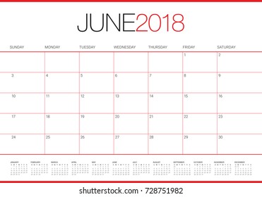 June 2018 calendar planner vector illustration, simple and clean design. 