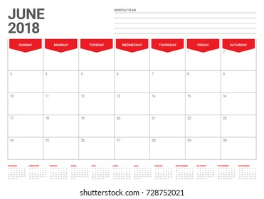 June 2018 calendar planner vector illustration, simple and clean design. 