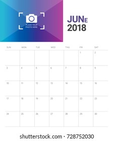 June 2018 calendar planner vector illustration, simple and clean design. 