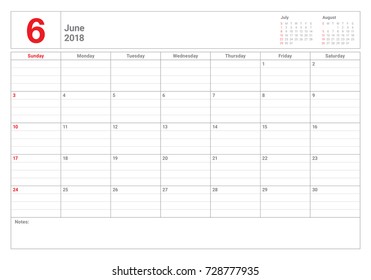 June 2018 calendar planner vector illustration, simple and clean design. 