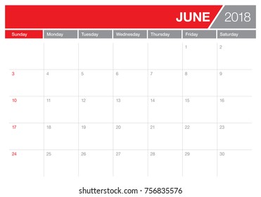 June 2018 calendar planner vector illustration, simple and clean design. 