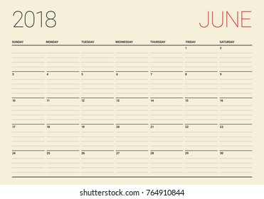 June 2018 calendar planner vector illustration, simple and clean design. 