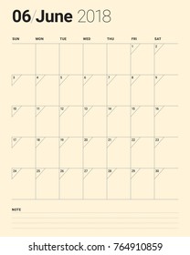 June 2018 calendar planner vector illustration, simple and clean design. 