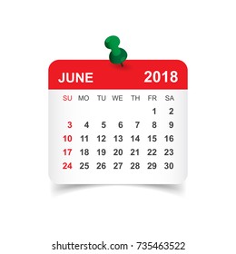 June 2018 calendar. Calendar sticker design template. Week starts on Sunday. Business vector illustration.