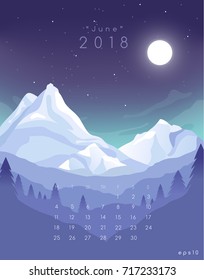 June : 2018 Calendar Template with beautiful landscape background : Vector Illustration