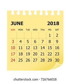 June 2018 calendar vector illustration, simple and clean design.