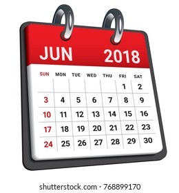 June 2018 calendar vector illustration, simple and clean design.