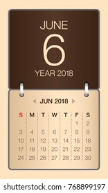 June 2018 calendar vector illustration, simple and clean design.