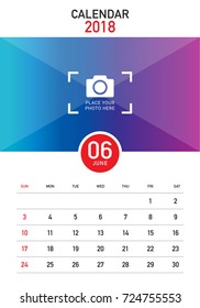 June 2018 desk calendar vector illustration, simple and clean design.