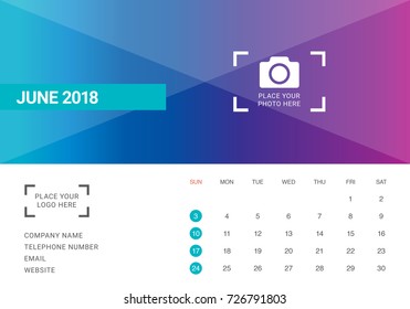 June 2018 desk calendar vector illustration, simple and clean design.