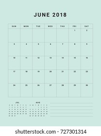 June 2018 desk calendar vector illustration, simple and clean design.