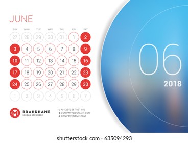 June 2018. Desk Calendar for 2018 Year. Vector Design Print Template with Place for Photo. Week Starts on Sunday