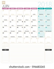 June 2018, French printable monthly calendar template, including name days, lunar phases and official holidays.