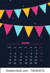 June 2018 Illustrated Calendar. Vector illustration. Festa Junina.