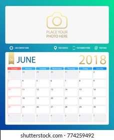 JUNE 2018, illustration vector calendar or desk planner, weeks start on Sunday, size of paper for printing A4. Blue is a green color.