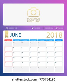 JUNE 2018, illustration vector calendar or desk planner, weeks start on Sunday, size of paper for printing A4. Dark blue Violet color.