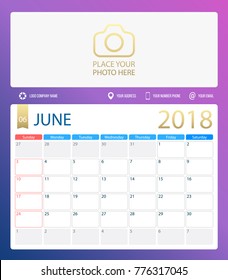 JUNE 2018, illustration vector calendar or desk planner, weeks start on Sunday, size of paper for printing A4. Dark blue Violet color.