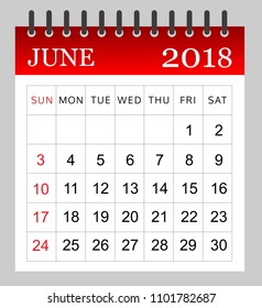 June 2018 - Monthly Calendar- illustration - Vector