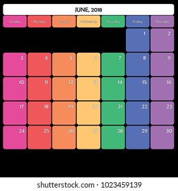 June 2018 Planner Calendar big editable space color day
