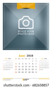 June 2018. Wall Calendar for 2018 Year. Vector Design Print Template with Place for Photo. Week Starts on Sunday