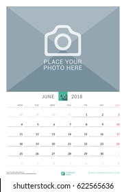 June 2018. Wall Monthly Calendar for 2018 Year. Vector Design Print Template with Place for Photo. Week Starts on Monday. Portrait Orientation